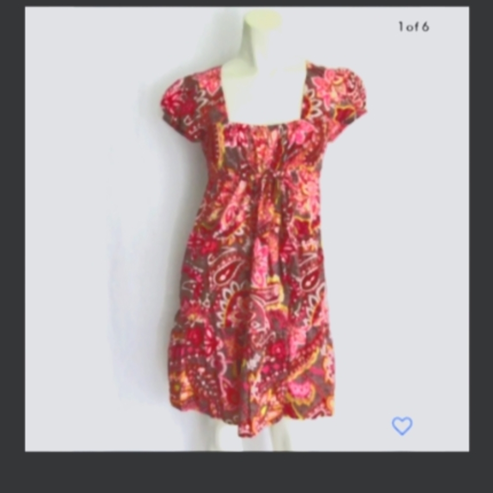 Ann Taylor Loft Paisley Sweetheart Cotton Ruffle Babydoll Dress 8 Petite Medium - Picture 3 of 5